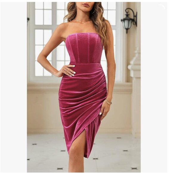 Velvet Bodycon Ruched Dress Strapless Corset Tube Asymmetrical Silt Midi Dress - Picture 4 of 13